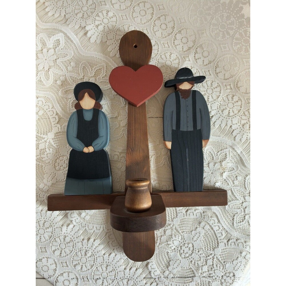 Vintage Amish Folk Art Wooden Wall Hanging Candle Holder Hand Painted Country